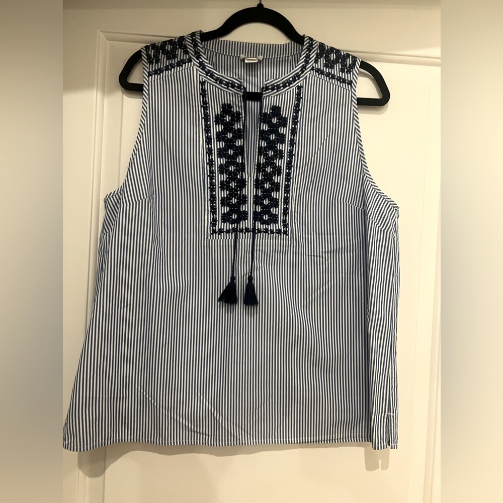 J CREW, size 14 blue and white stripe with navy embroidery